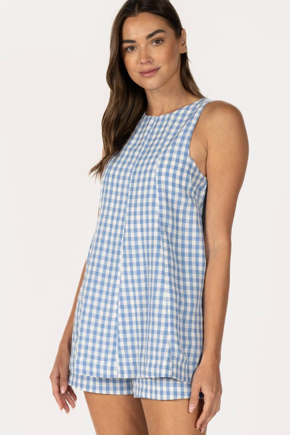 Gingham Sleeveless Romper - Brown