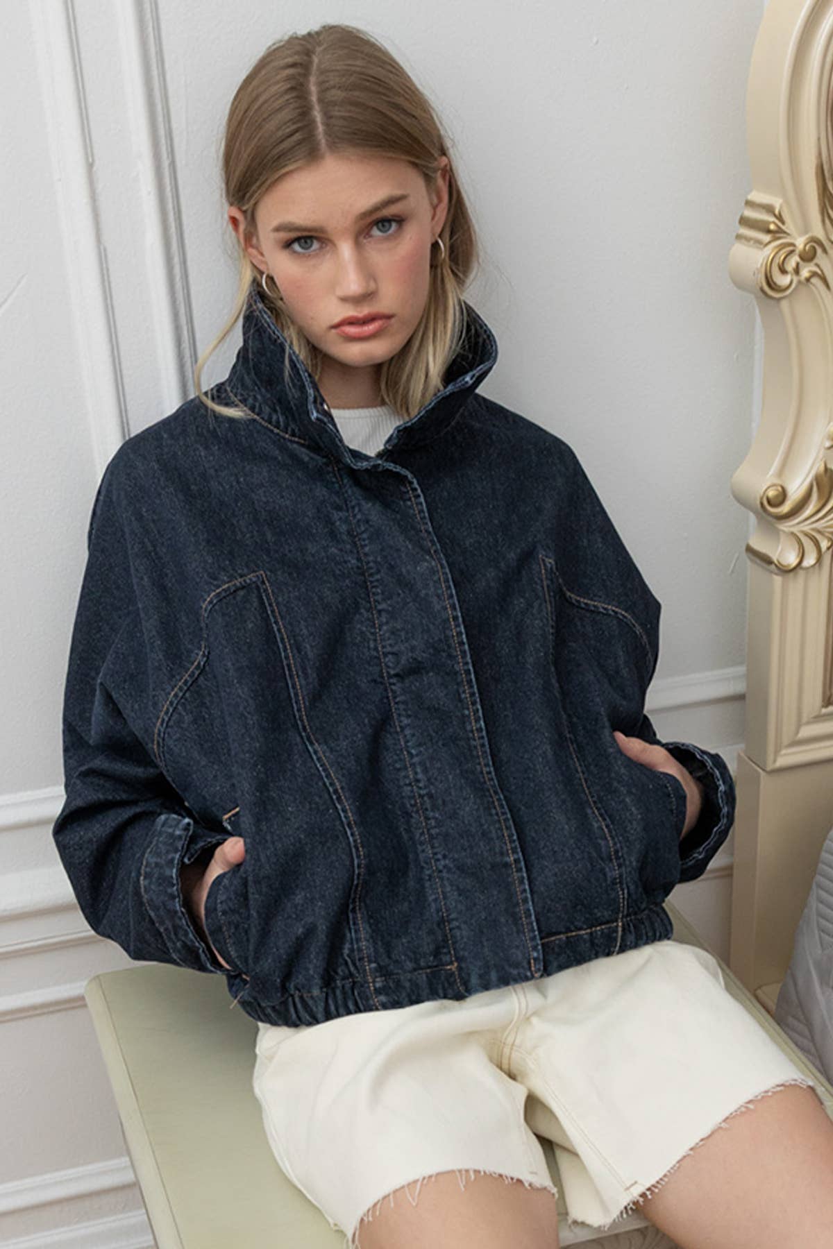 High Neck Denim Jacket - Dark Denim