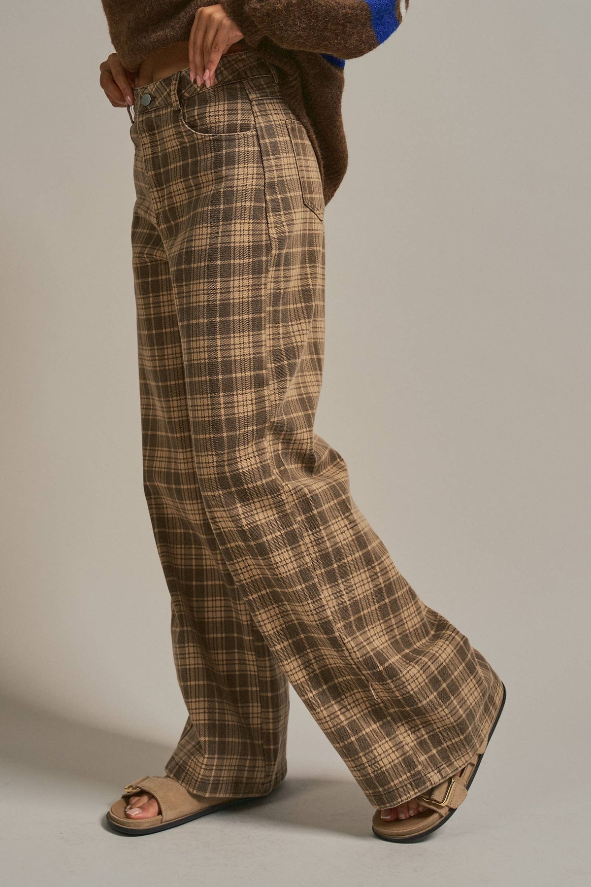 Glen Plaid Wide Leg Pants - Brown
