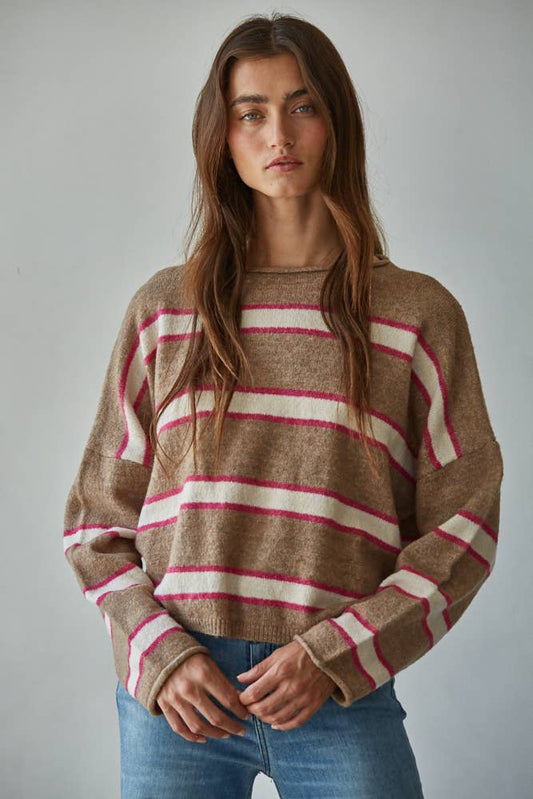 Striped Knit Sweater, Mocha Multi
