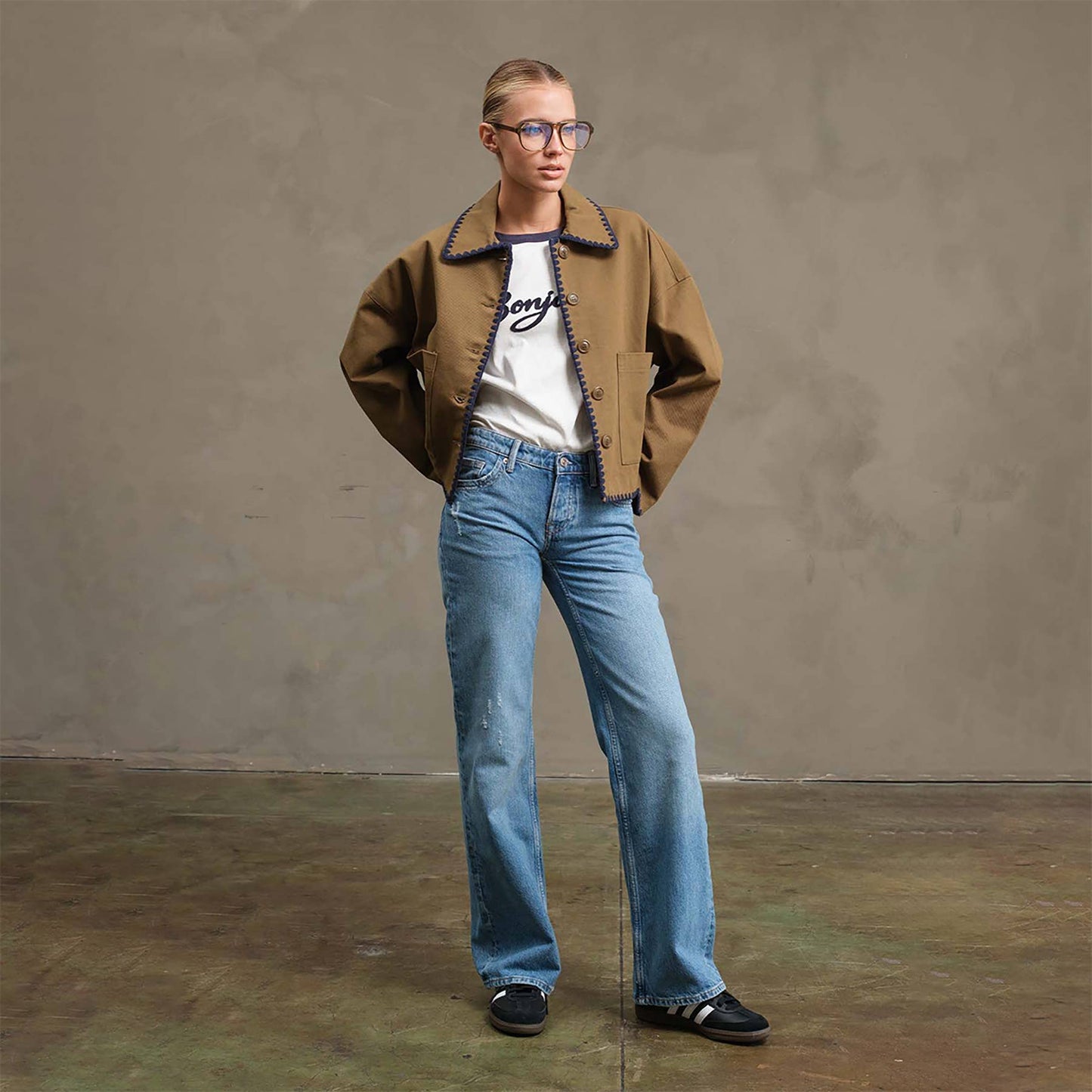 Collar Jacket with Contrast Stitching - RJ1044: OLIVE / S-M-L (3-2-1)