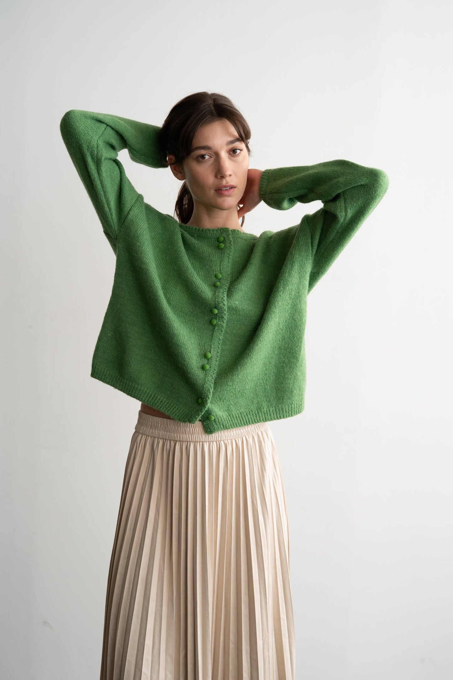 Crew Neck Cardigan,  Forest Green