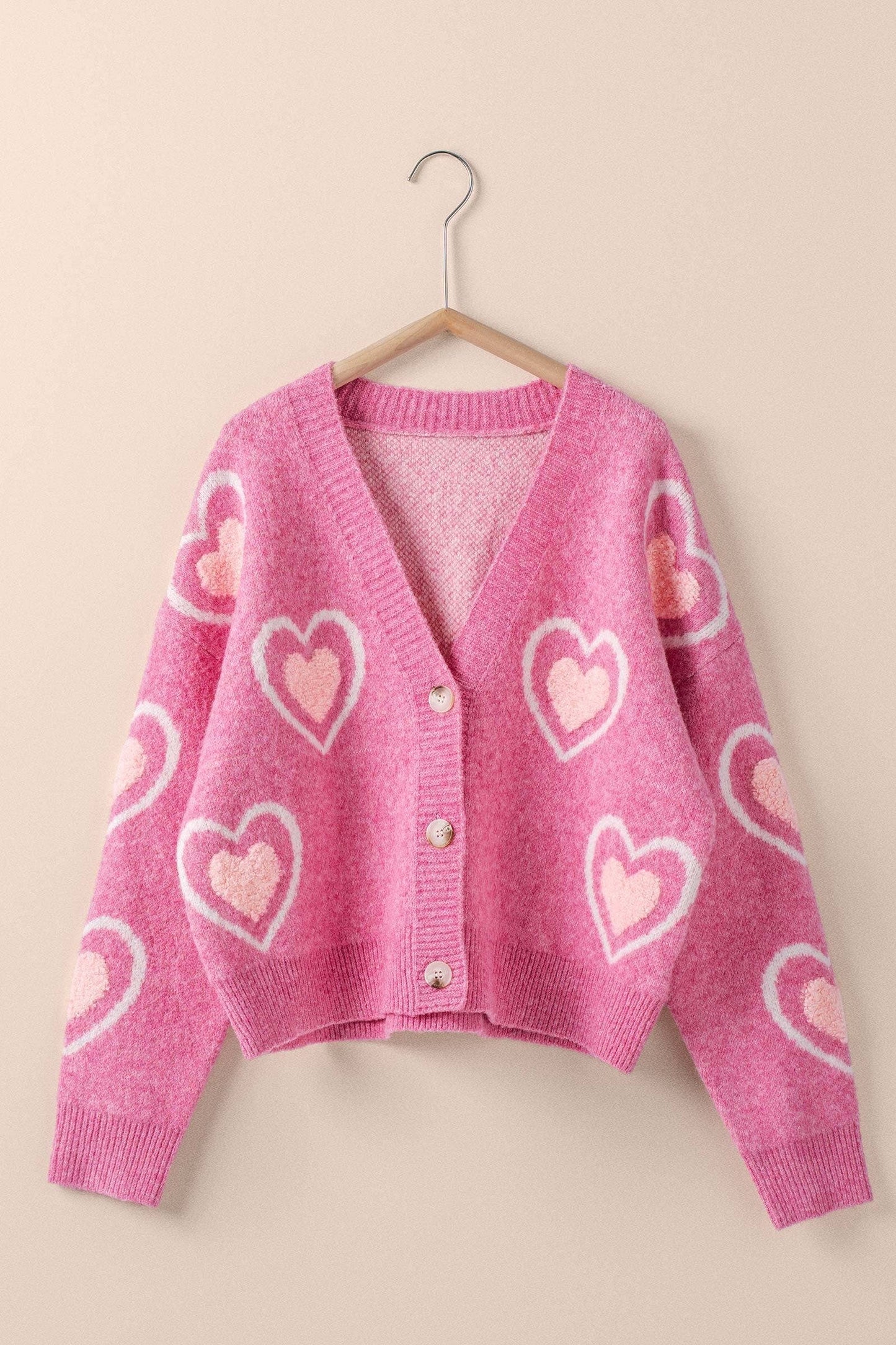 Pink Heart Pattern V-Neck Cardigan: Pink