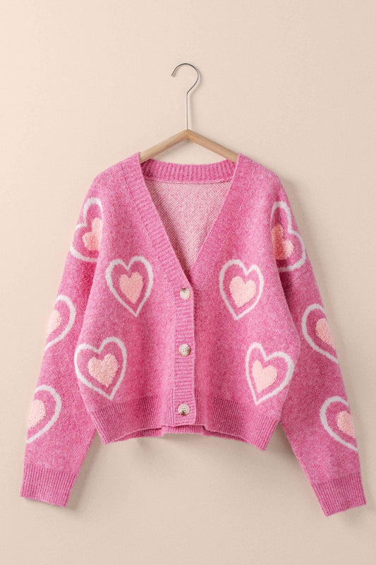 Pink Heart Pattern V-Neck Cardigan: Pink