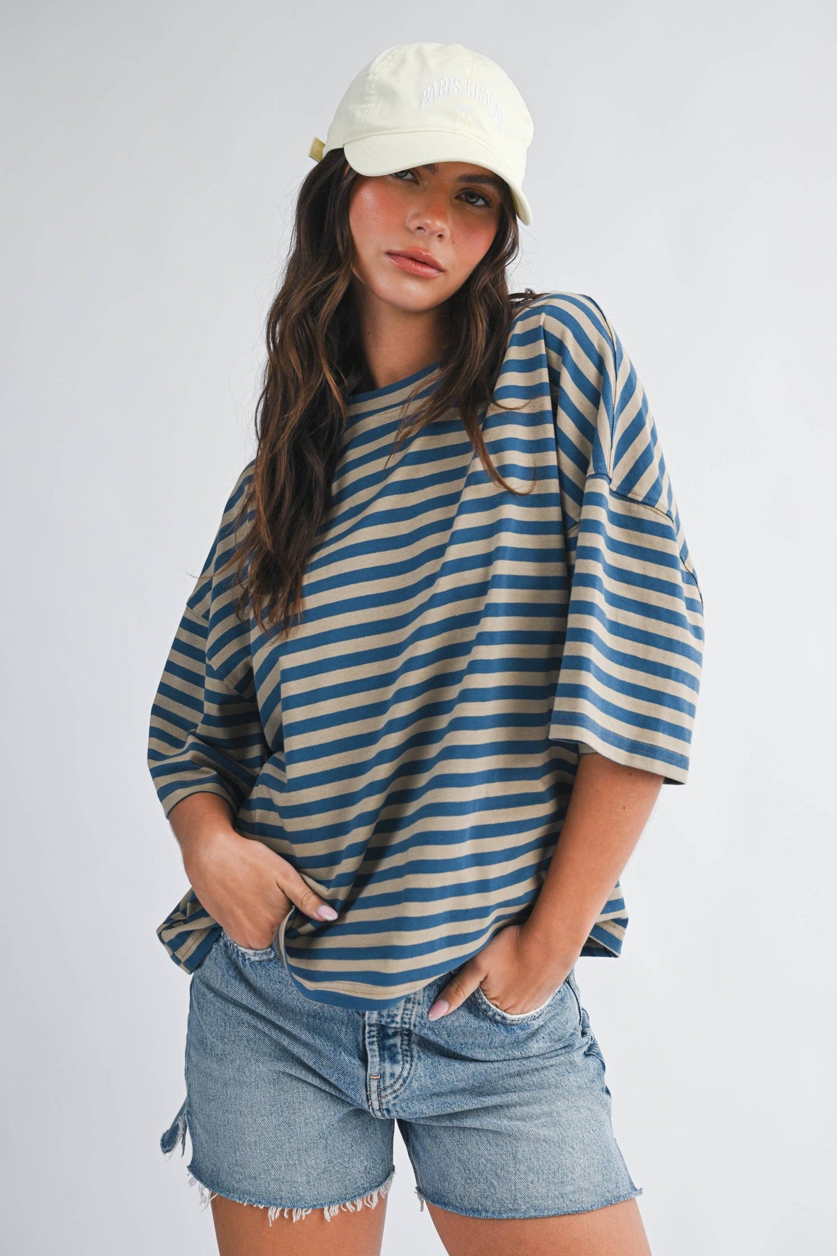 Oversized Stripe Boyfriend Tee - Tan and Blue