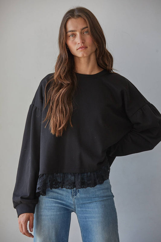 Crew Neck Long Sleeve Pullover with Lace Top - Black