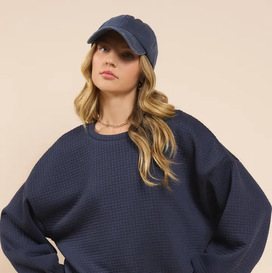 Pastime Textured Terry, Side Tie Pullover- Navy