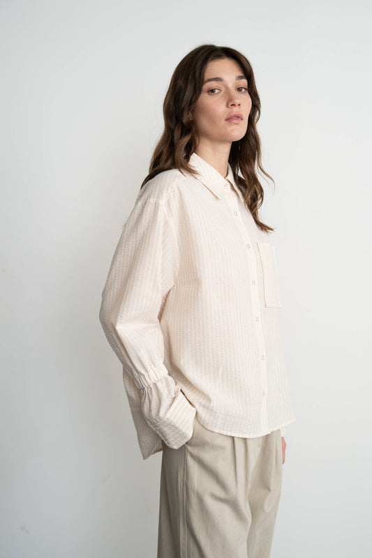 Striped Textured Shirt, Tan and White