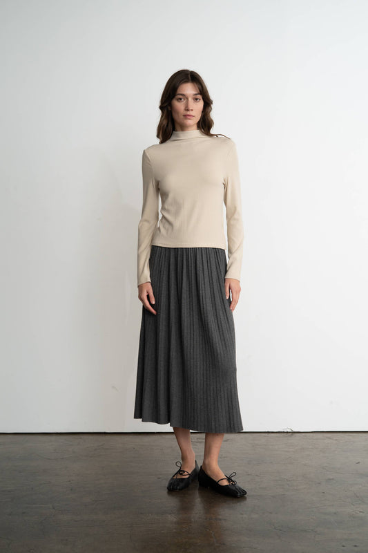 Lightweight Pleated Knit Midi Skirt, Charcoal